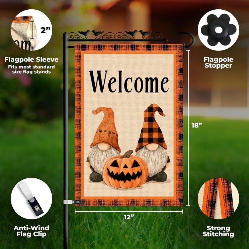 KarvePro Welcome Halloween Garden Flag with Gnome and Pumpkin – 12x18 Double Sided Burlap Halloween Flag for Outside – Fall Yard Decor for Garden or Porch - Image 3